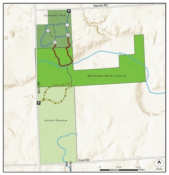 Map of Secrest Nature Preserve and neighboring greenway areas