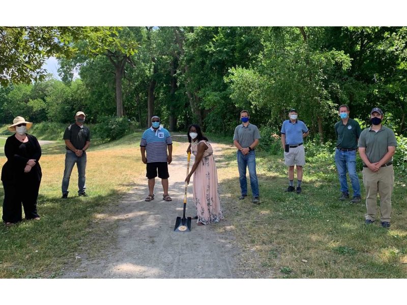 The June 22 groundbreaking ceremony for the B2B Trail in Frog Island Park.