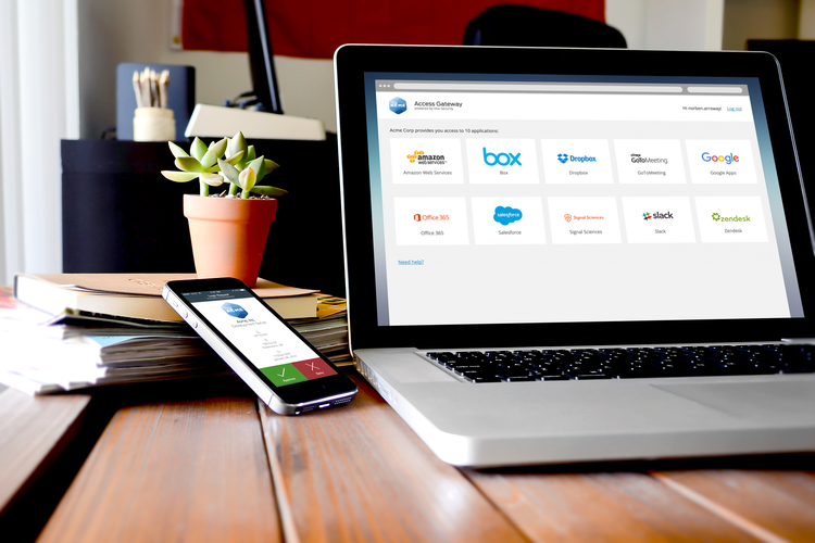 The Duo Mobile app and single sign-in screen used by businesses and their employees.