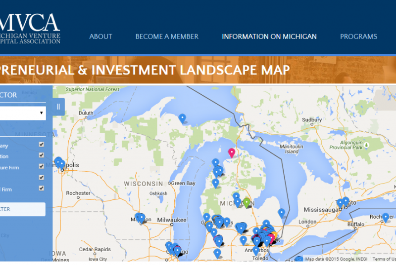 The Michigan Venture Capital Association's map of entrepreneurial resources in Michigan.