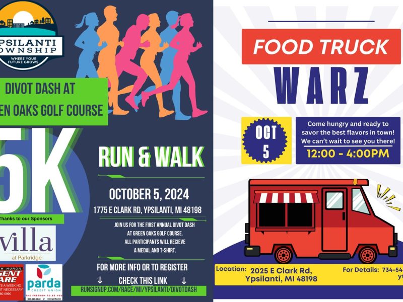 Flyers for the Divot Dash 5K and Food Truck Warz.
