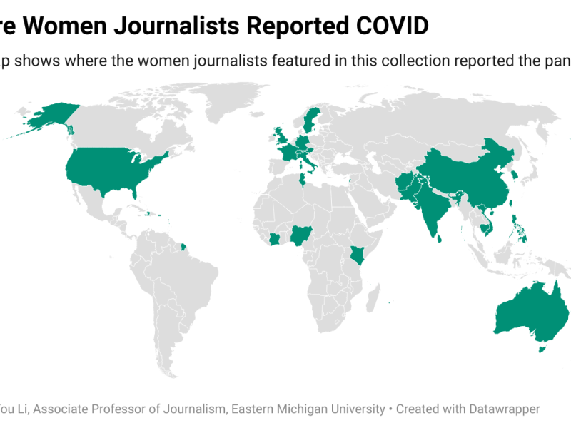 An infographic showing where the women journalists spotlighted in a new oral history archive reported on COVID.