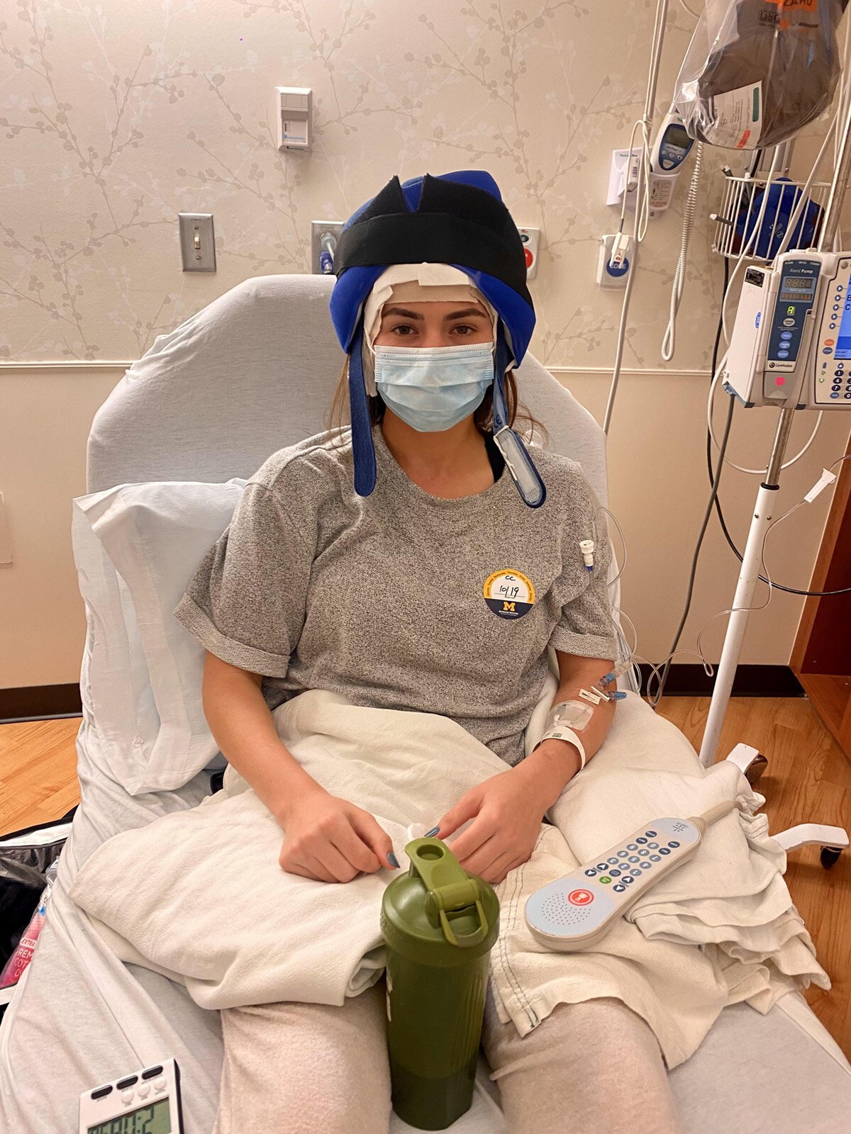 Rachel Mount wears a cold cap in the hospital.