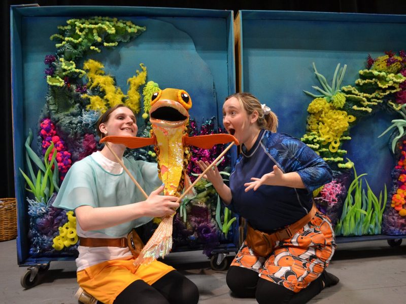 Casseia Fifelski as Scales and Olivia Allen as Ronnie in "Ronnie and Scales' Magnificent Tale." Set and puppet by Mia Irwin, costumes by Shea Dennie.