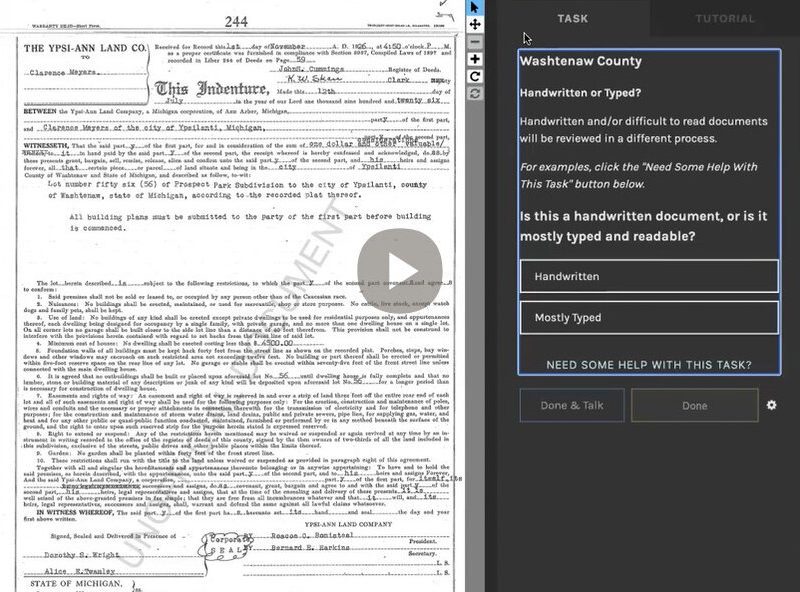 A screenshot of the Zooniverse program that will be used to identify racially restrictive covenants in Washtenaw County.