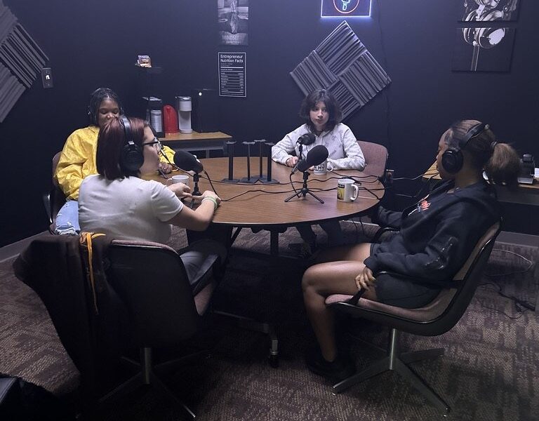 Ypsilanti Community High School students in the school's podcasting studio.