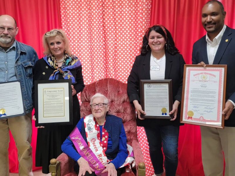 Ypsilanti City Councilman Steve Wilcoxen, U.S. Rep. Debbie Dingell, Virginia Basler, Washtenaw County Commissioner Annie Somerville, and State Rep. Jimmie Wilson Jr. at Basler's 100th birthday party.