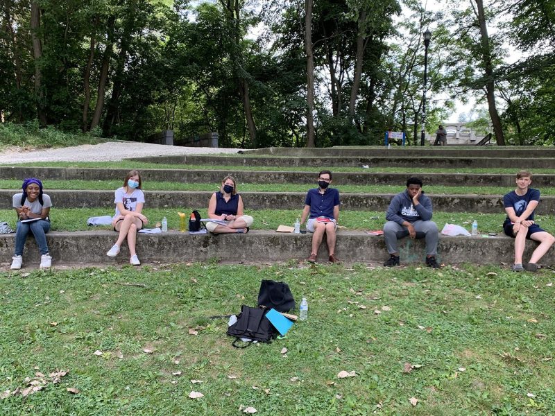 Left to right, students Goddess Smith and Louisa Stuhee; facilitator Angela Knight; and students Connor Sabo-LaPorte, Jaylin Wilson, and Elvin Sahijdak at the first youth data collection meeting for the One Love Symposium.