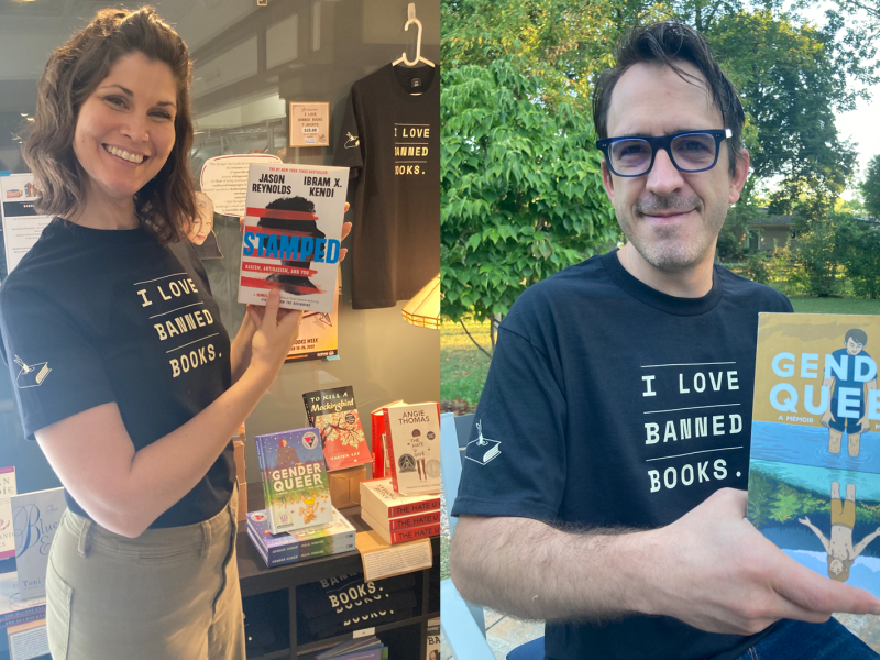 Booksweet owners Truly Render and Shaun Manning holding up banned books.