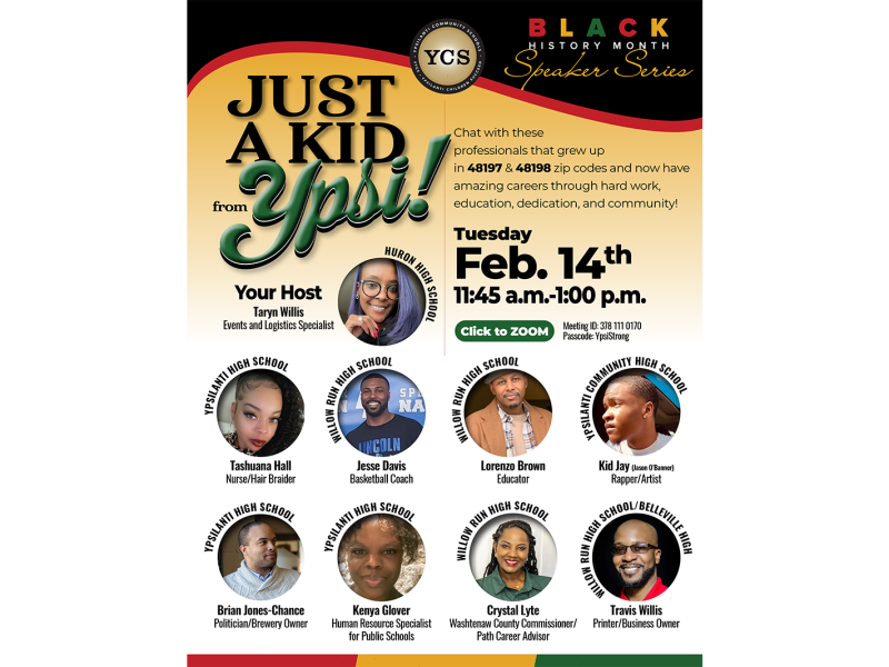 A flyer for the "Just a Kid From Ypsi" panel discussion, which is part of Ypsilanti Community Schools' Black History Month Series.
