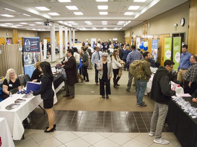 An in-person job fair at Washtenaw Community College in 2018.