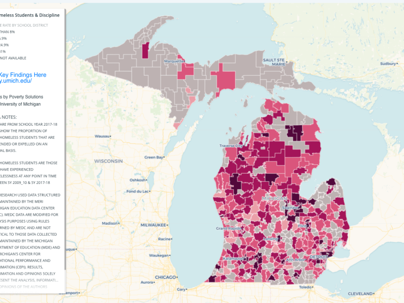 A map from Poverty Solutions at the University of Michigan shows Michigan school discipline rates among homeless students.
