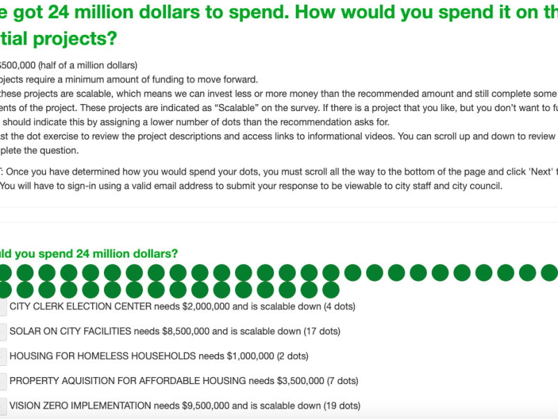 The city of Ann Arbor's online survey allows participants to allocate dots representing which projects they'd most like the city to spend American Rescue Plan Act funds on.