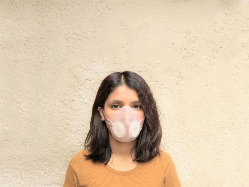 BreezeBubble founder Arohi Jain wears the flexible silicone mask she designed.