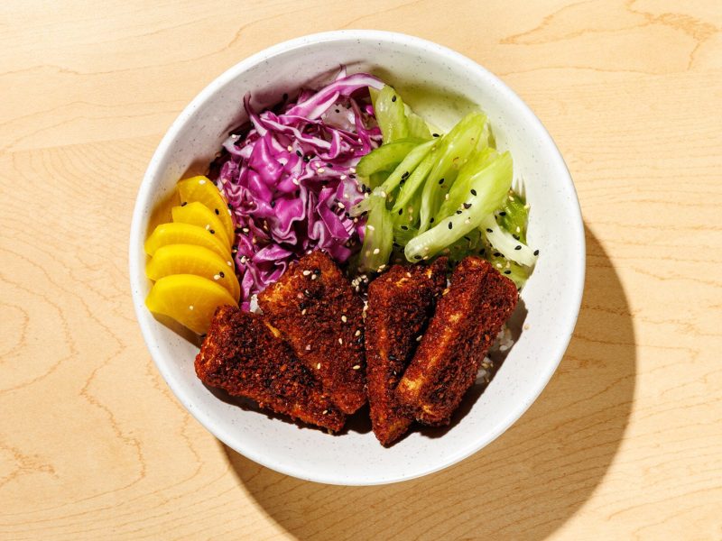 A fried tofu rice bowl at Little Kim.