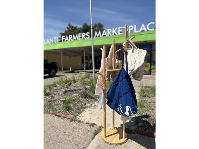 A "bag tree" of cloth bags for people to borrow at the Ypsilanti Farmers Market is one example of how Ypsi businesses and organizations are already encouraging plastic-free living.