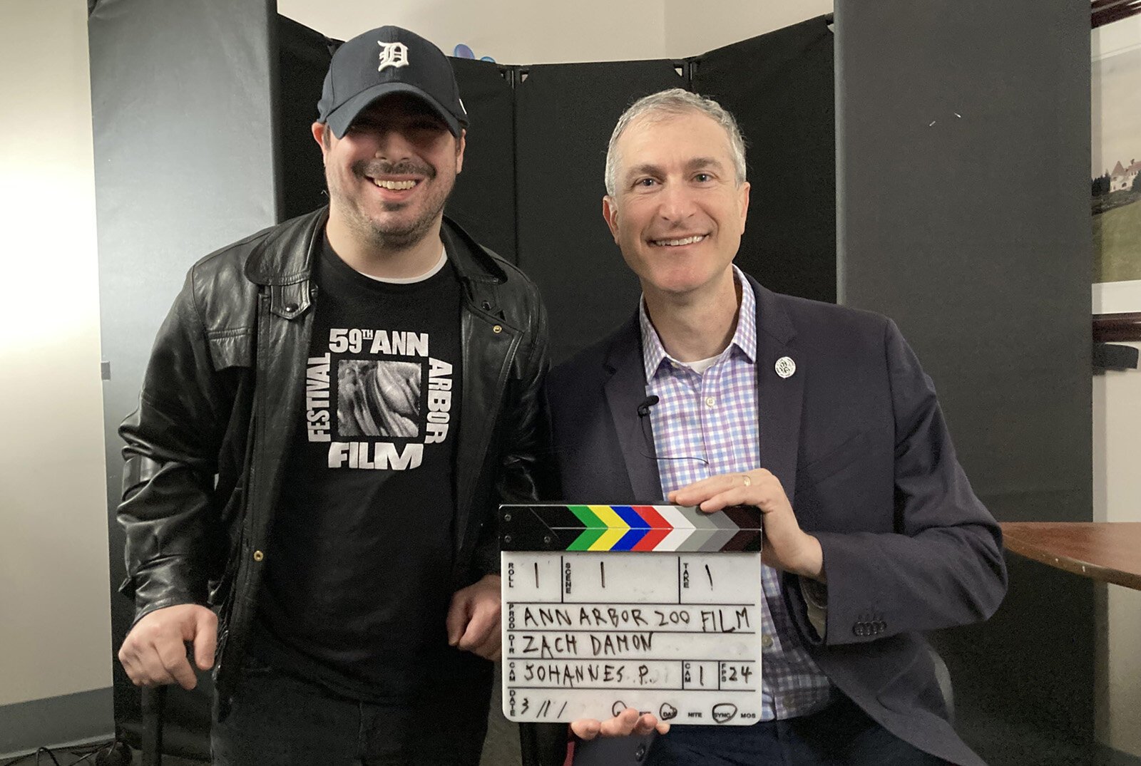 Director Zach Damon and Ann Arbor Mayor Christopher Taylor on the set of "Resilience Revealed: Ann Arbor’s Disability Legacy."