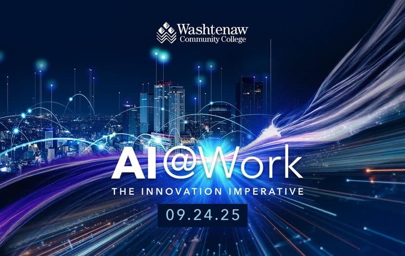 A flyer for the AI@Work conference at Washtenaw Community College.