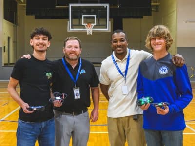 Students and instructors in a drone aviation class at the former Bessie Hoffman Elementary School in Belleville.