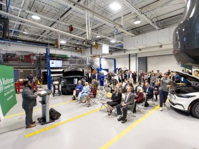 An opening event for the new electric vehicle and battery lab at Washtenaw Community College.