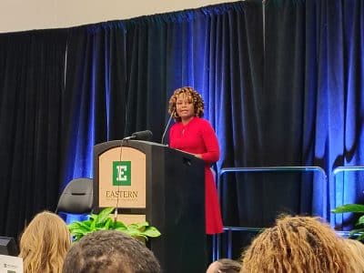 Former White House Press Secretary Karine Jeanne-Pierre speaks at Eastern Michigan University for Martin Luther King Jr. Day.