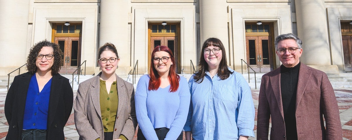 Researchers Cayenne Harris, Emily Lyon, Paige Carter Dailey, Ellen Lee, and Mark Clague at Hill Auditorium.