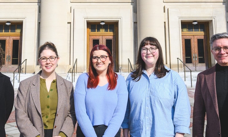 Researchers Cayenne Harris, Emily Lyon, Paige Carter Dailey, Ellen Lee, and Mark Clague at Hill Auditorium.
