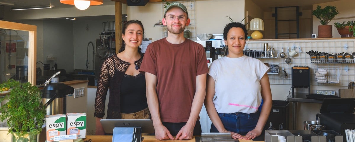 Staffers Rach Sajdak, Peter Littlejohn, and Amanda Bonilla Taylor at Espy Cafe in Ann Arbor.
