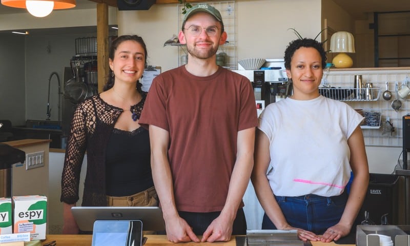 Staffers Rach Sajdak, Peter Littlejohn, and Amanda Bonilla Taylor at Espy Cafe in Ann Arbor.