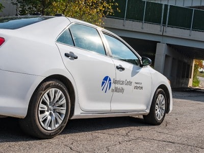A car on the test track at the American Center for Mobility in Ypsilanti Township.