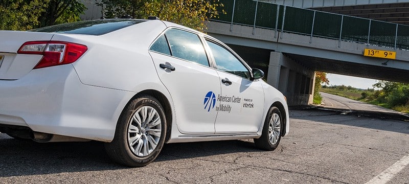 A car on the test track at the American Center for Mobility in Ypsilanti Township.