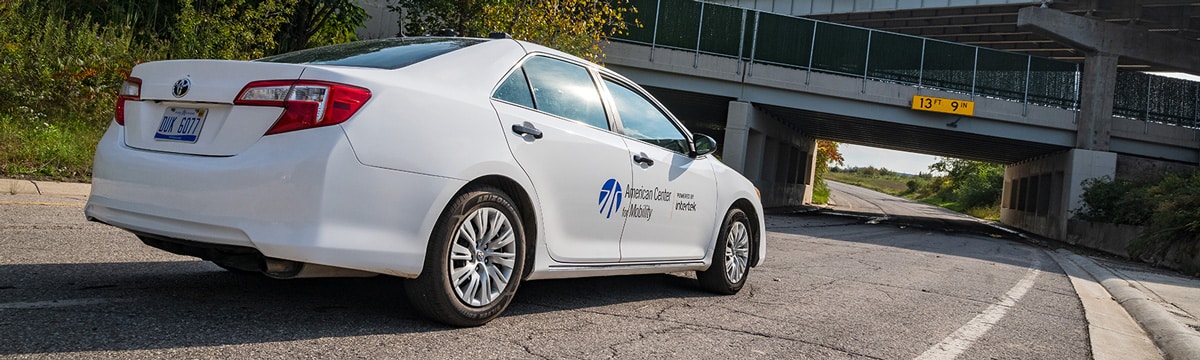 A car on the test track at the American Center for Mobility in Ypsilanti Township.