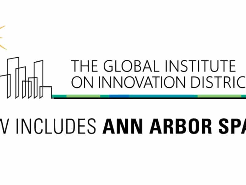 A promotional graphic announcing Ann Arbor SPARK's membership in the Global Institute on Innovation Districts.