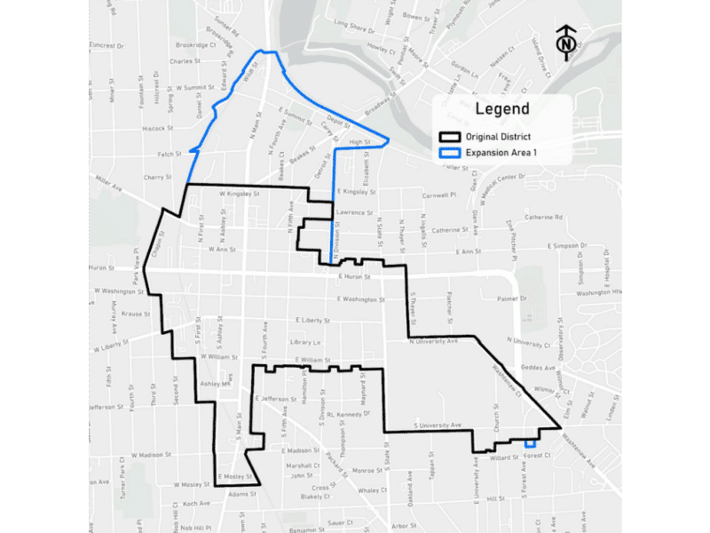 A map showing the Ann Arbor Downtown Development Authority's original and expanded boundaries.