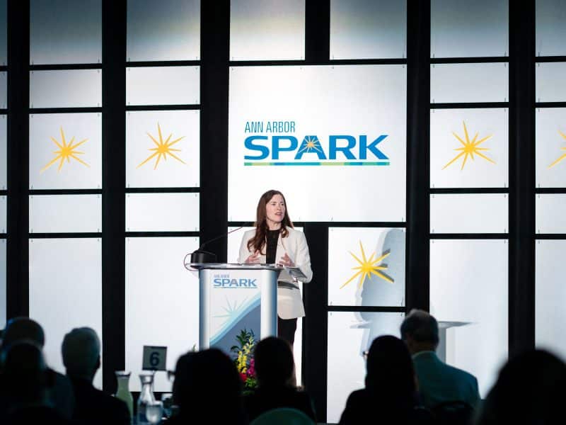 Ann Arbor SPARK board chair Kelly Sexton speaks at SPARK's annual meeting.