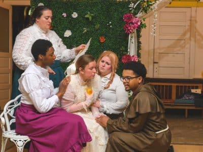 A rehearsal for Brevity Shakespeare's production of "Much Ado About Nothing."