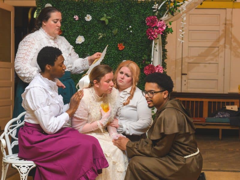 A rehearsal for Brevity Shakespeare's production of "Much Ado About Nothing."
