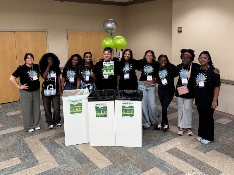 Members of the student-led team that spearheaded a zero-waste initiative at the annual Southeast Michigan Stewardship Coalition meeting at Eastern Michigan University.