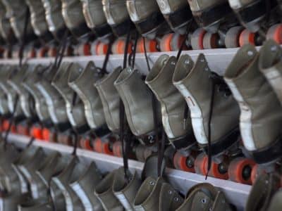 Roller skates on shelves.