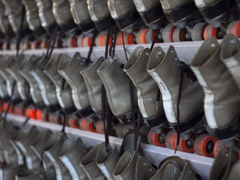 Roller skates on shelves.