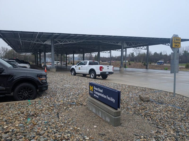 A new solar array at the University of Michigan's Dean Road Transportation Facility.