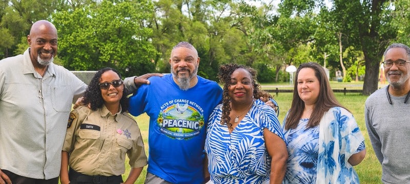 Peacenic volunteers Eugene Rush, Toneka Smith, Rev. Joseph Jackson, Carla Wilson, Jamie Kelsey, and Marc Wilson in West Willow Park.