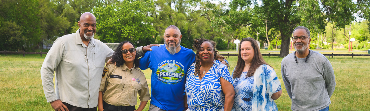 Peacenic volunteers Eugene Rush, Toneka Smith, Rev. Joseph Jackson, Carla Wilson, Jamie Kelsey, and Marc Wilson in West Willow Park.