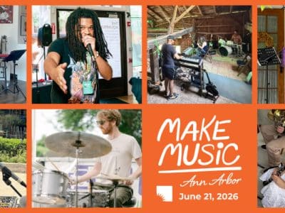 A collage of performers playing music for Make Music Day events in Ann Arbor.