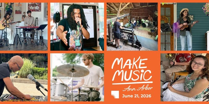 A collage of performers playing music for Make Music Day events in Ann Arbor.