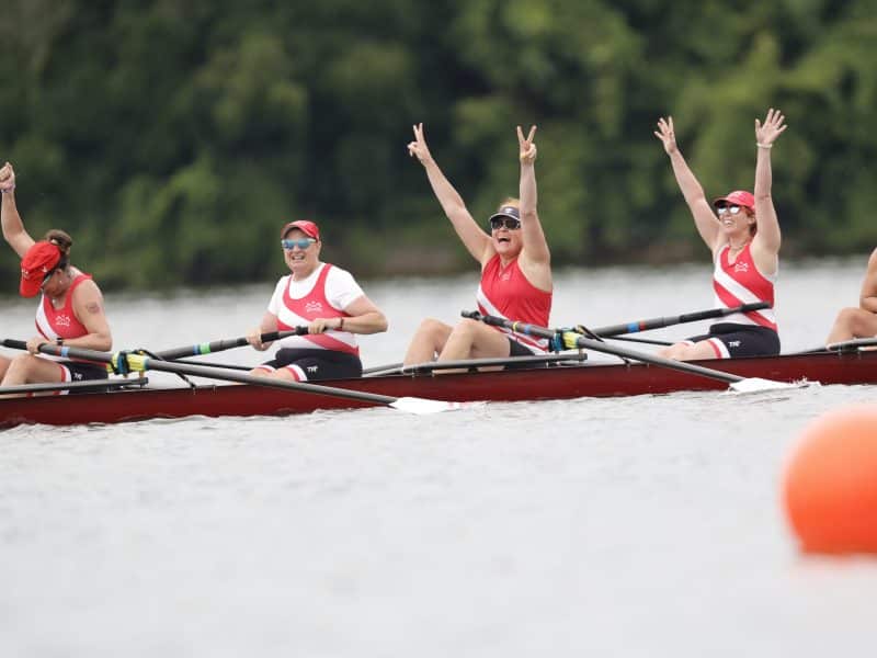 Rowers participate in the 2025 RowFest on Ford Lake in Ypsilanti Township.