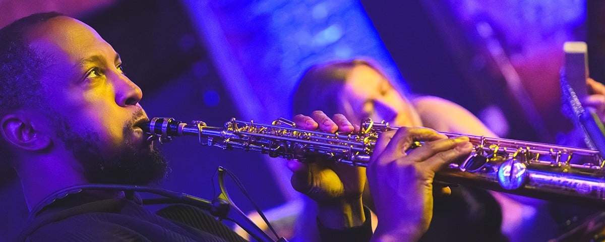 Marcus Elliot performs at UMS' "Frames and Frequencies" concert at the Ypsilanti Freighthouse in April 2026.