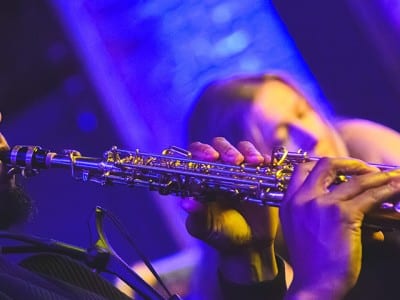 Marcus Elliot performs at UMS' "Frames and Frequencies" concert at the Ypsilanti Freighthouse in April 2026.