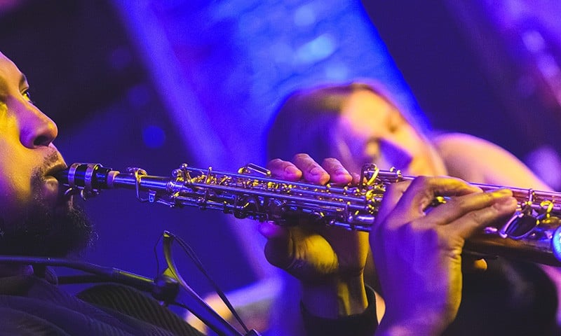 Marcus Elliot performs at UMS' "Frames and Frequencies" concert at the Ypsilanti Freighthouse in April 2026.