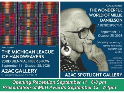 A promotional image for the Michigan League of Handweavers' 23rd biennial fiber show.